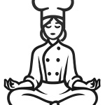 Baking Therapy Logo. A woman, wearing a chef's coat and hat, sitting in a meditation position.