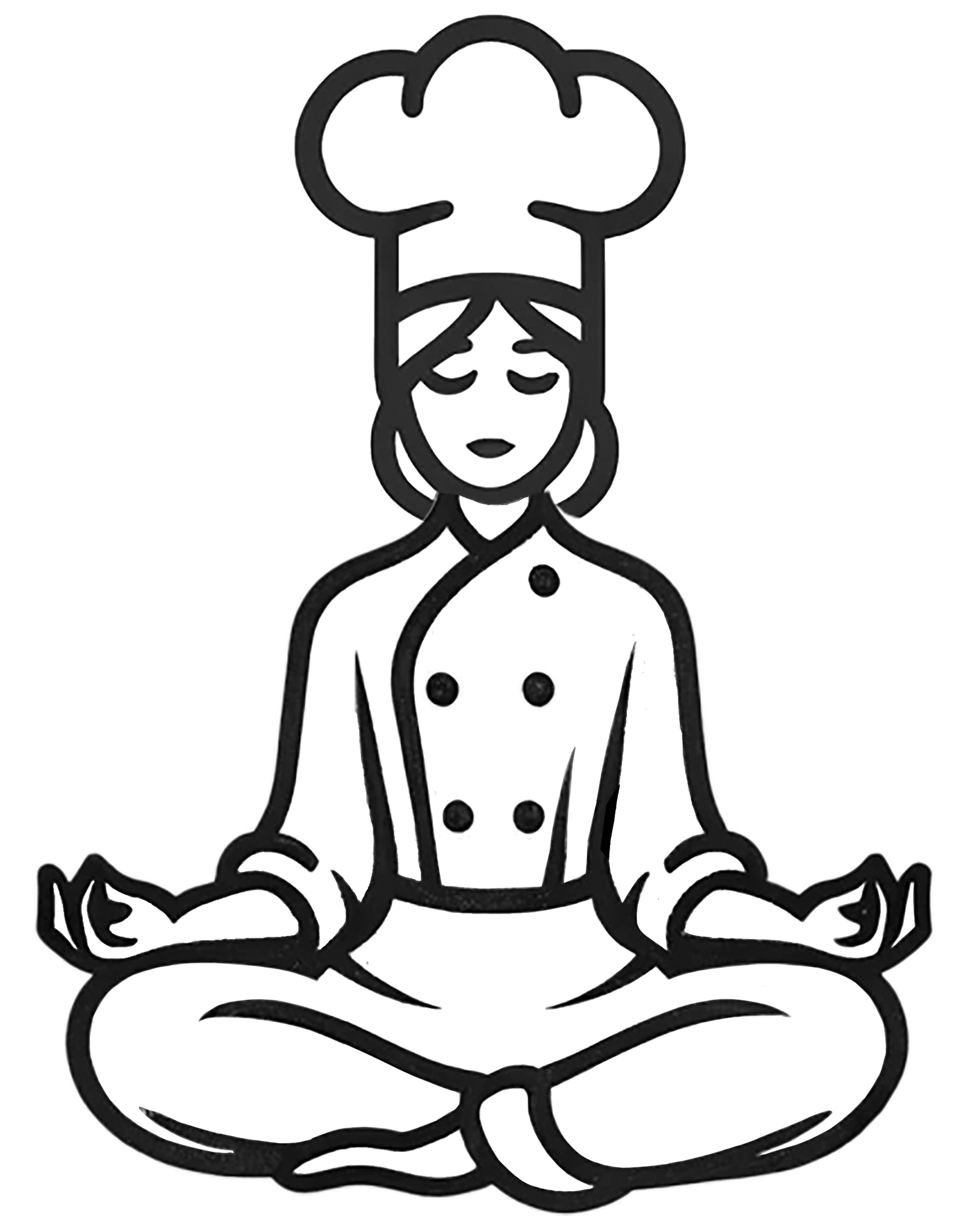 Baking Therapy Logo. A woman, wearing a chef's coat and hat, sitting in a meditation position.